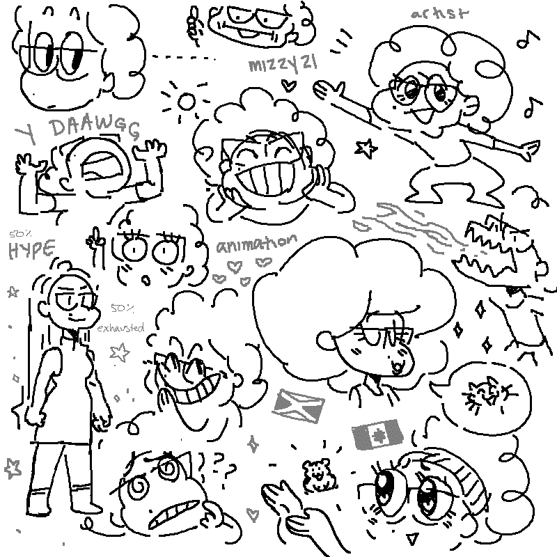 a doodle collage of many mizzy21s emoting many ways